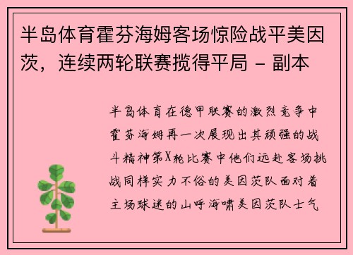 半岛体育霍芬海姆客场惊险战平美因茨，连续两轮联赛揽得平局 - 副本