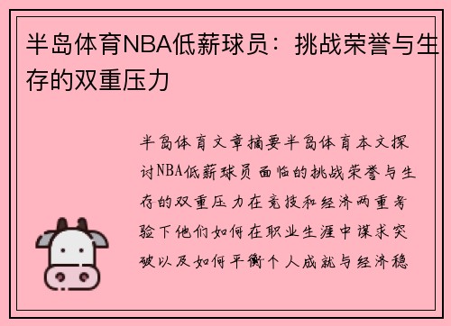 半岛体育NBA低薪球员：挑战荣誉与生存的双重压力